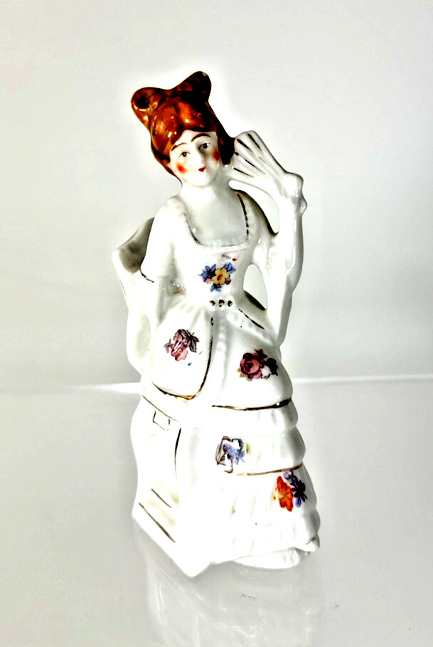 Vintage Lady Figurine W/ Fan Seated Hand Painted White Dress & Flowers Japan