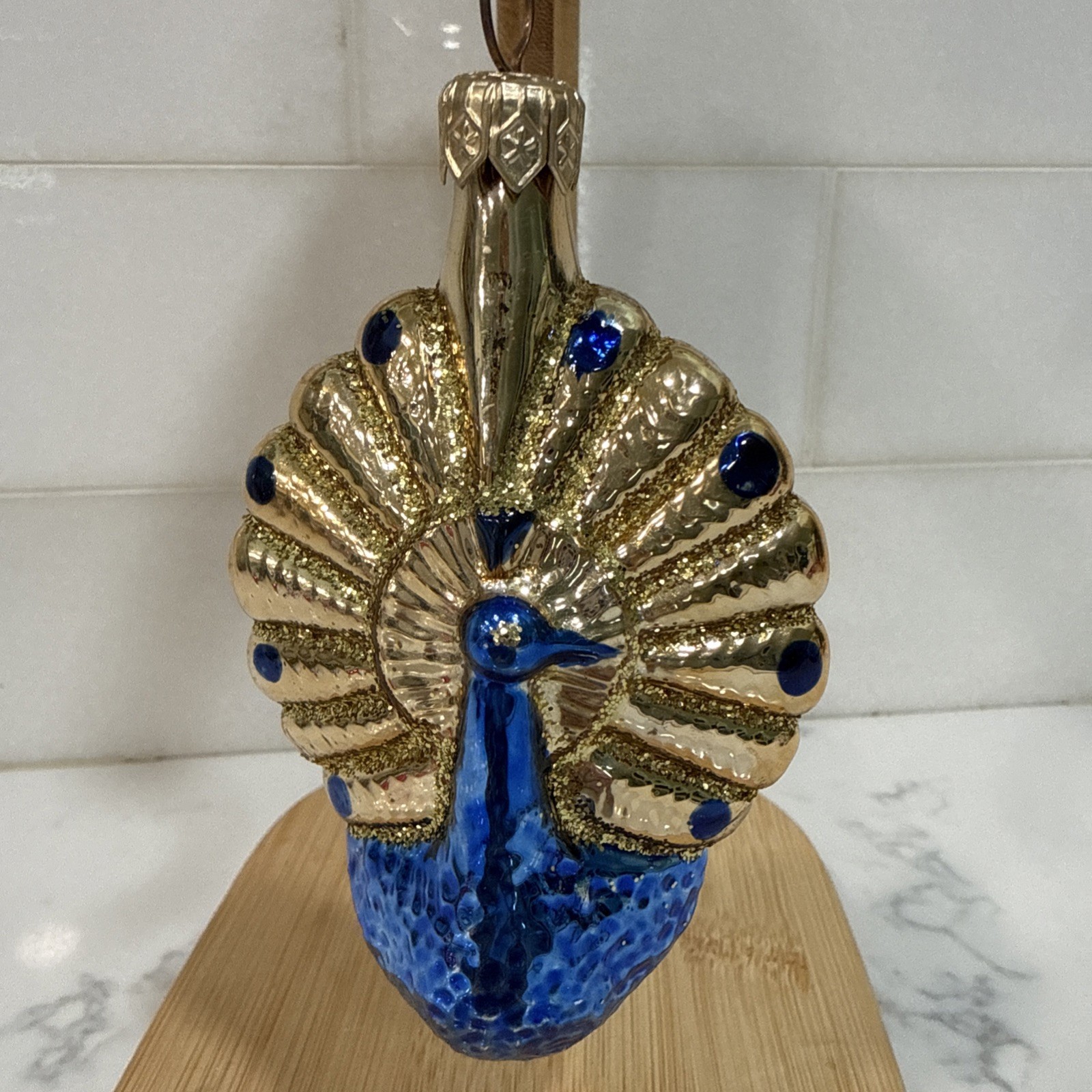 Vtg Hand-Painted Glass Peacock Ornament Gold Blue Glitter Czechoslovakian Vtg Hand-Painted Glass Peacock Ornament Gold Blue Glitter Czechoslovakian