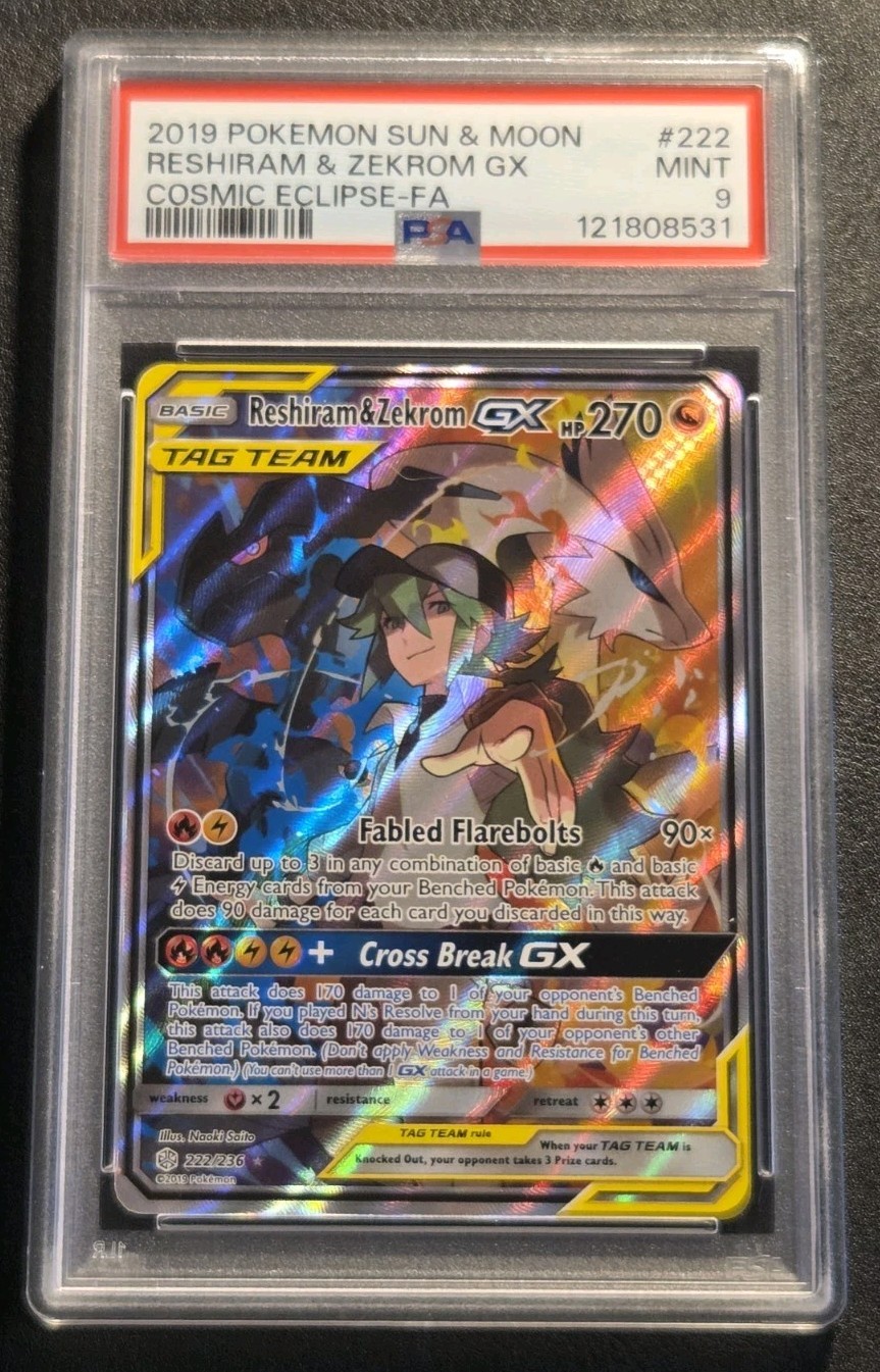 PSA 9 POKEMON TCG RESHIRAM & ZEKROM GX #222/236 COSMIC ECLIPSE TAG TEAM