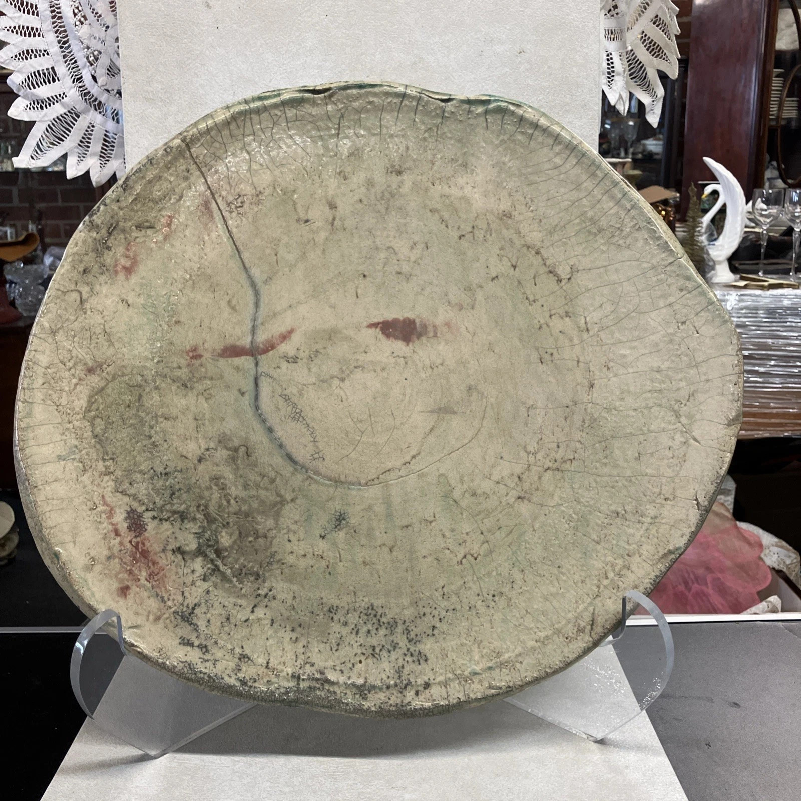 Large Studios Art Pottery Stoneware Plate With Stand Signed By The Artist