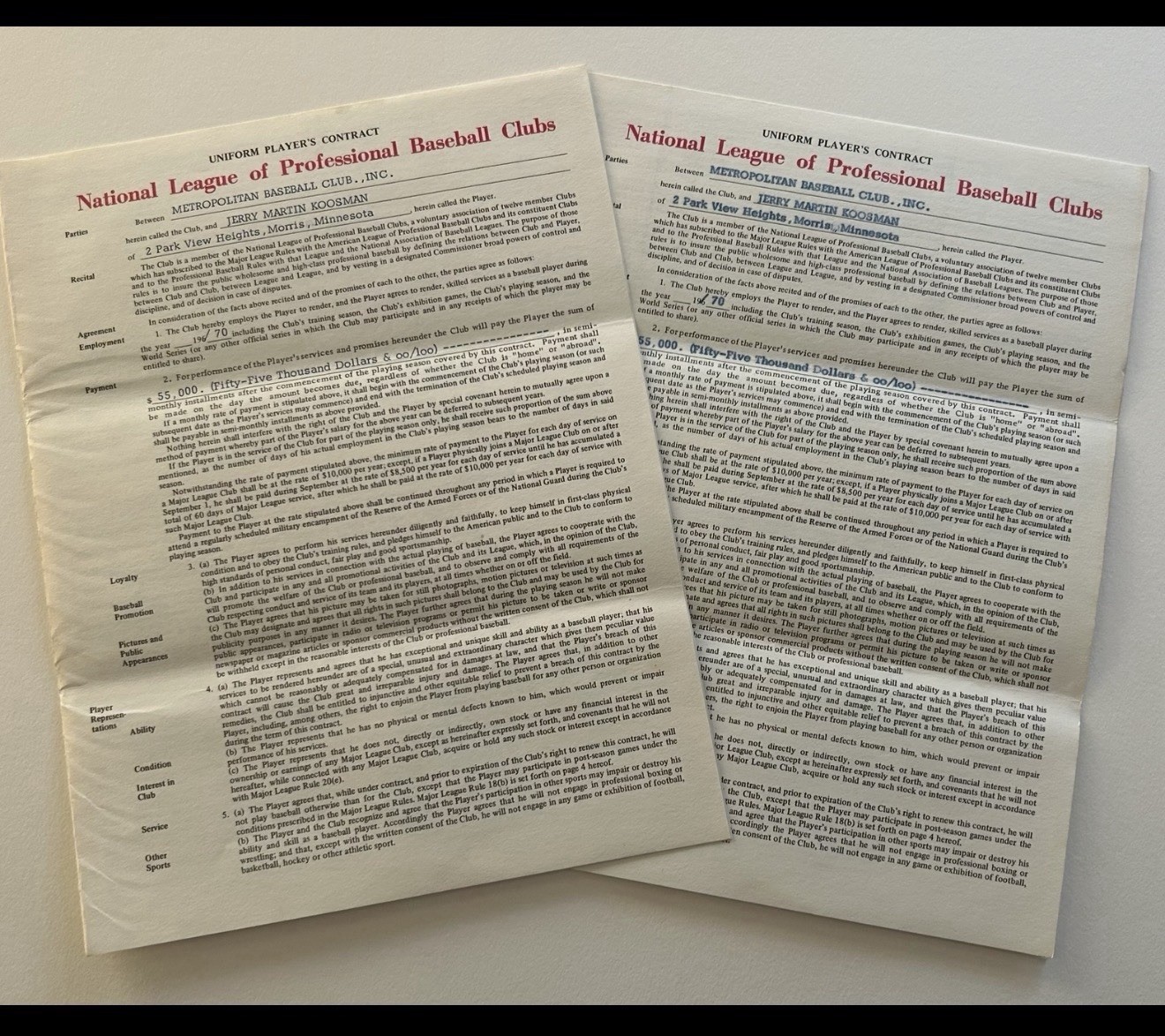 Jerry Koosman Collection: Dual 1970 WS Champs Mets Contracts w/ Signed LOP