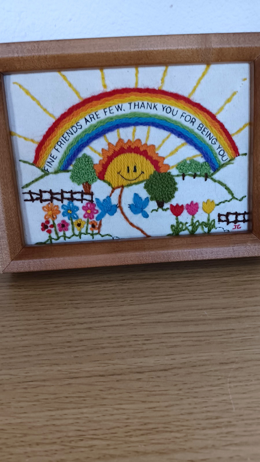 Vintage Handmade Finished Crewel Embroidery Sun Rainbow Friends Vintage Handmade Finished Crewel Embroidery Sun Rainbow Friends