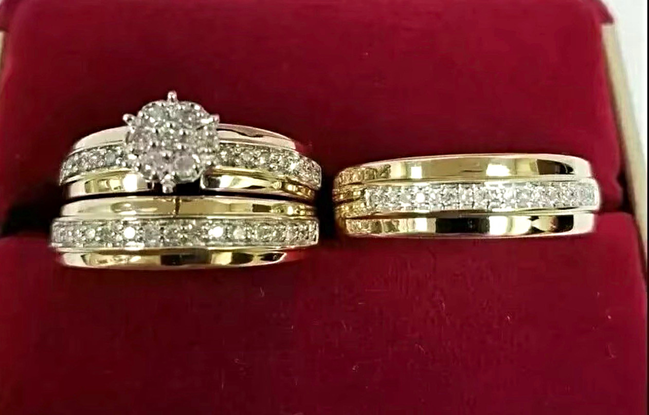 14k Yellow Gold Round White Diamond Prong Engagement/Wedding Ring Set Size 7