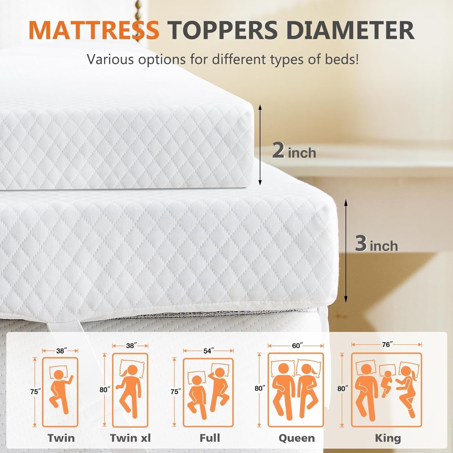 DUMOS HOME Comfy Memory Foam Mattress Topper w/Removable Cover & Elastic Straps