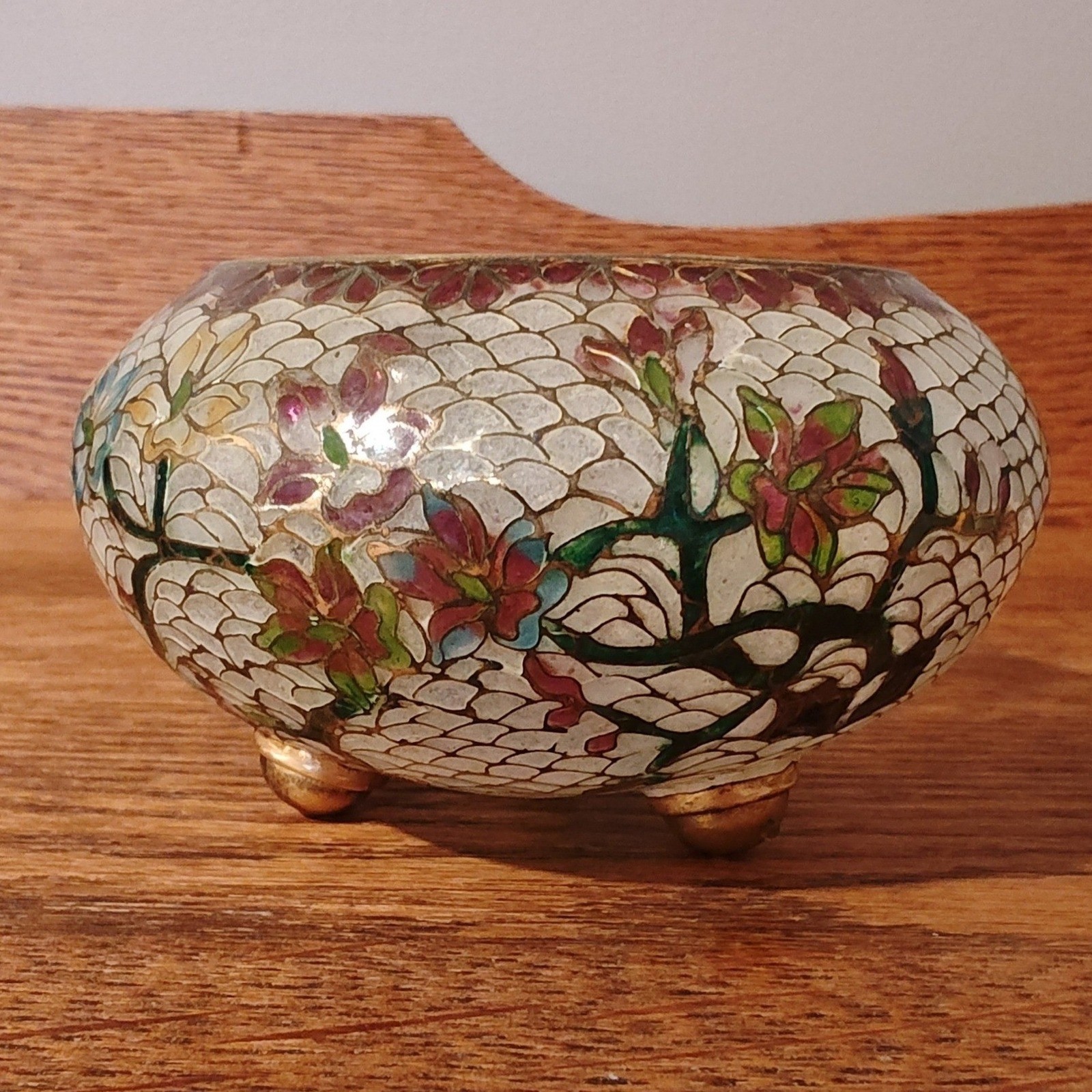 Rare Floral Plique-a-Jour Chinese Potiche 1930s Translucent Enamel Rose Bowl