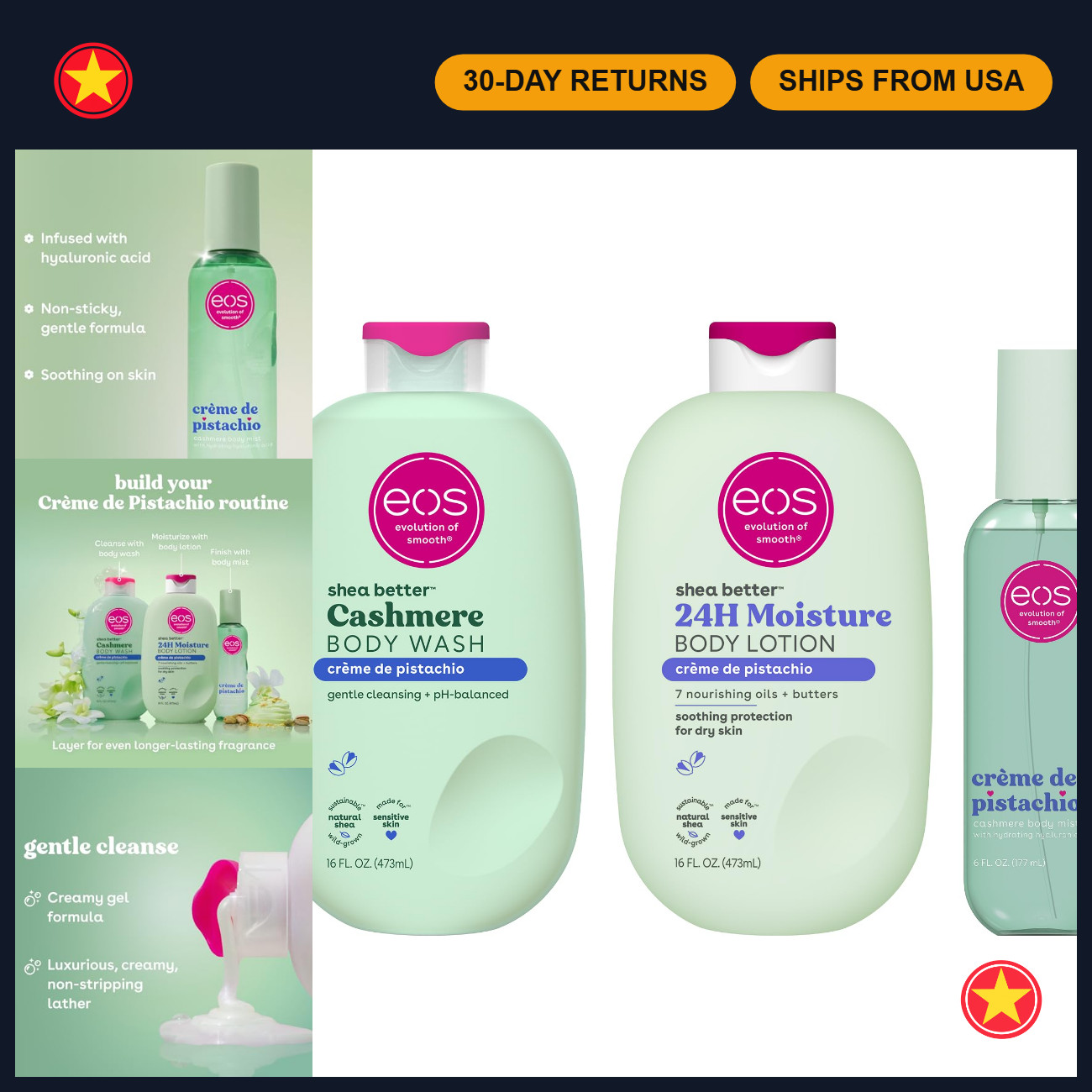 Essentials Bundle: Body Wash, Body Mist & Lotion - Crème de Pistachio Scent
