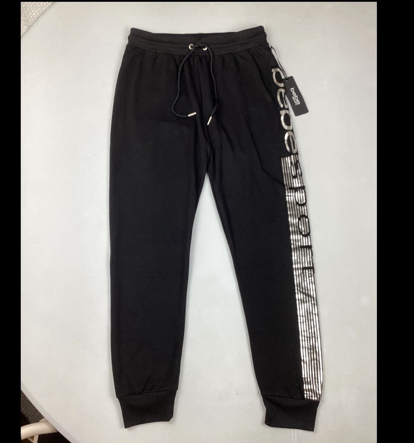 Bebe Sport Logo Stripe Black Silver Joggers Sweatpants Medium NEW Retail $79 Bebe Sport Logo Stripe Black Silver Joggers Sweatpants Medium NEW Retail $79