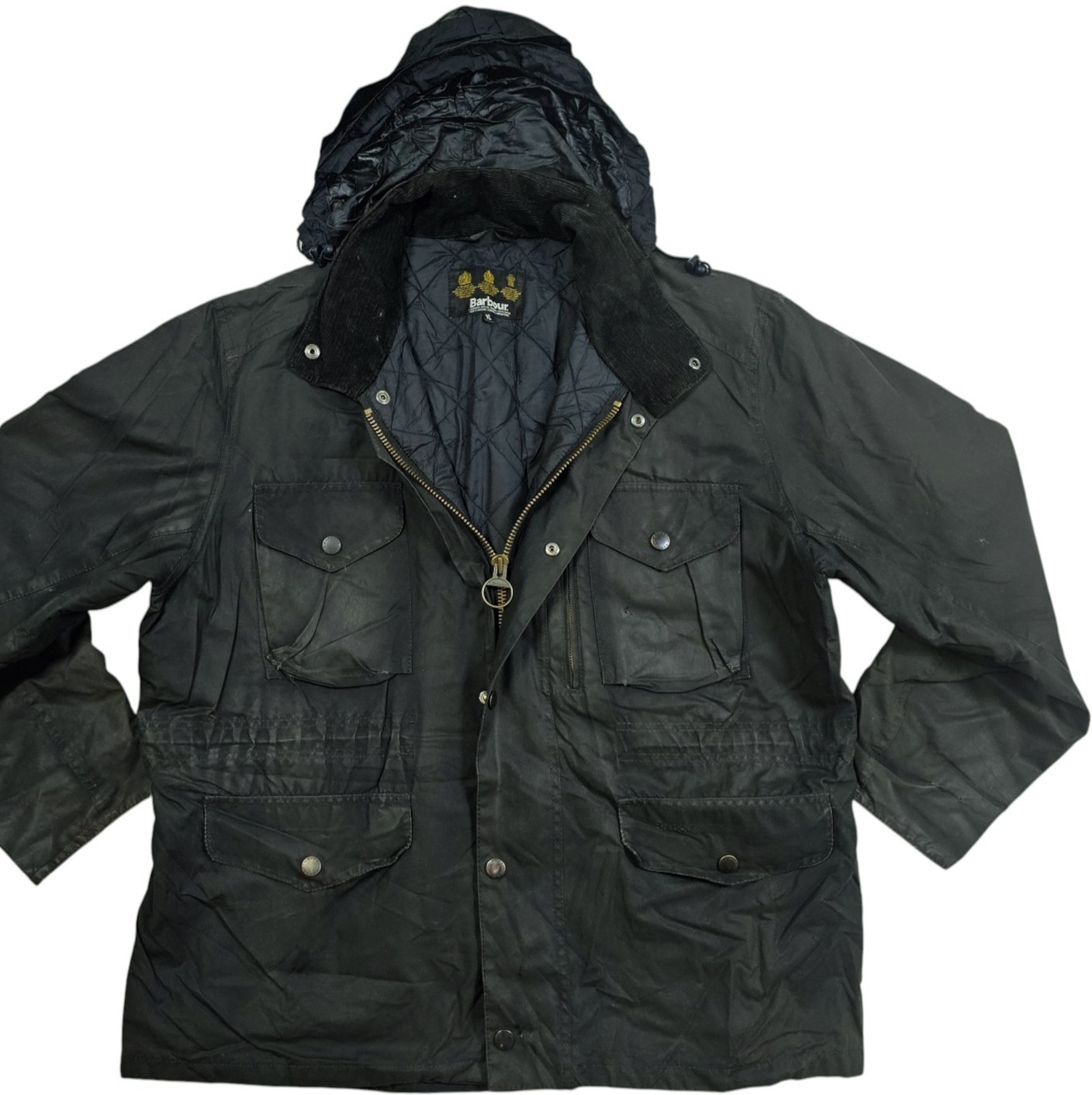 *HOT Men\'s BARBOUR SAPPER UTILITY PARKA HOODED QUILT LINED BLACK WAXED Jacket XL