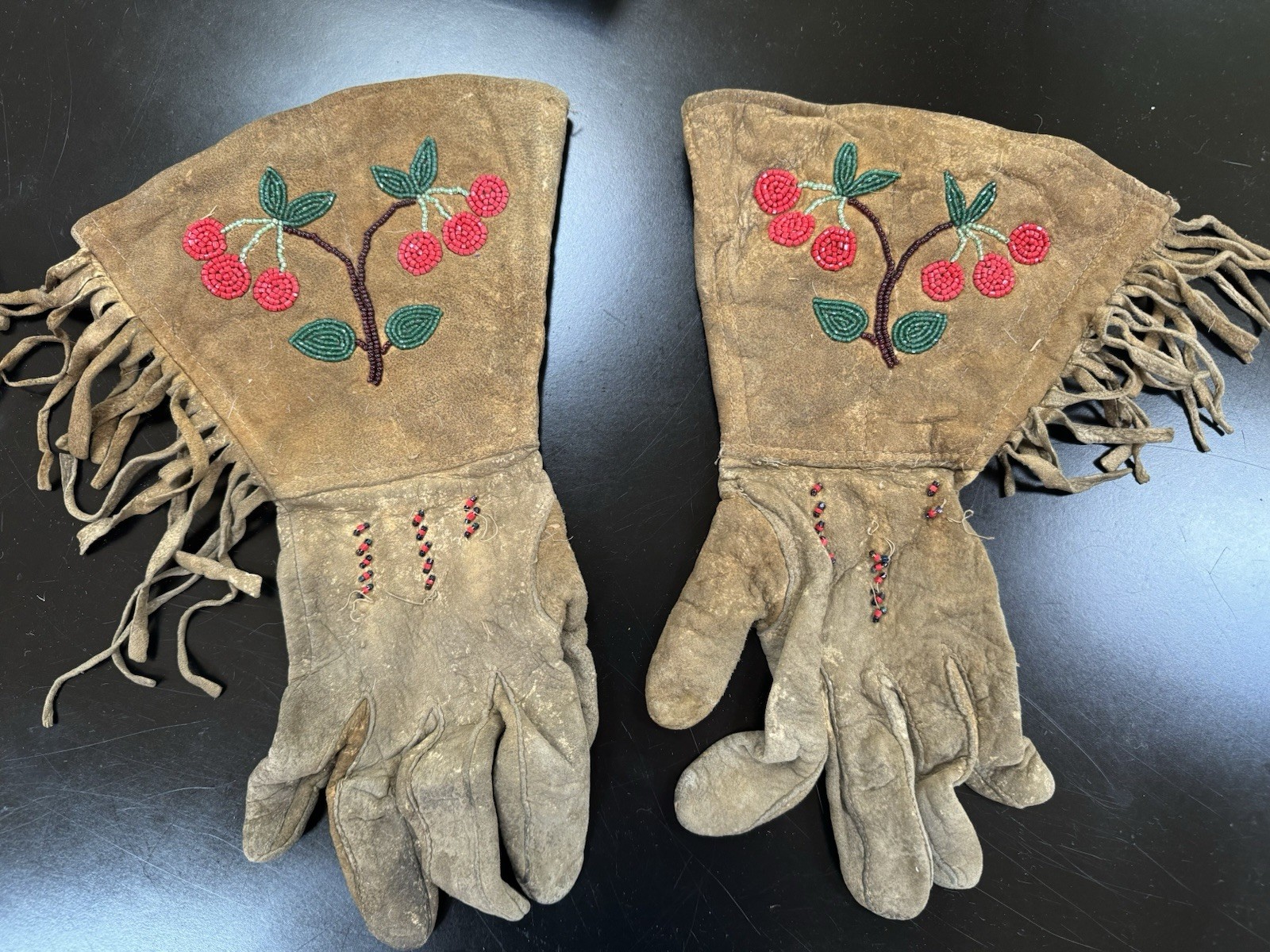 Authentic 1930s Native American Plateau Gauntlet Gloves- Rare Cherry Motif