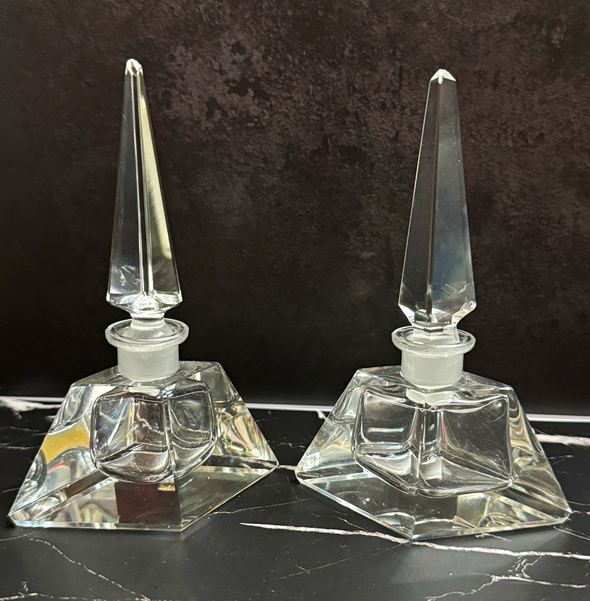 Stunning Vintage Geometric Cut Glass Perfume Bottles (2) Pagoda Spire Stoppers Stunning Vintage Geometric Cut Glass Perfume Bottles (2) Pagoda Spire Stoppers
