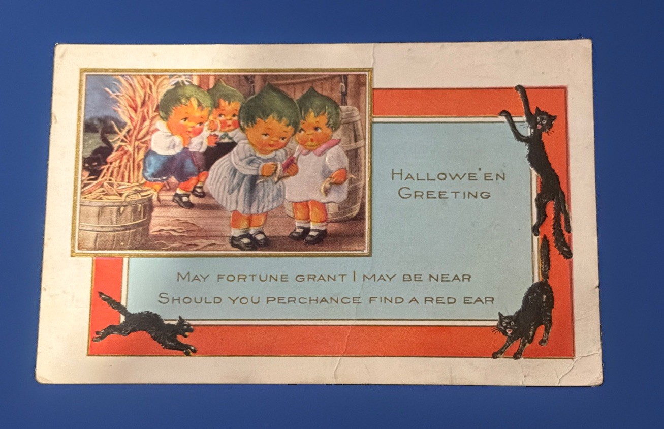 Antique Halloween Postcard Pumpkin Head Children Black Cats Corn Husking Posted