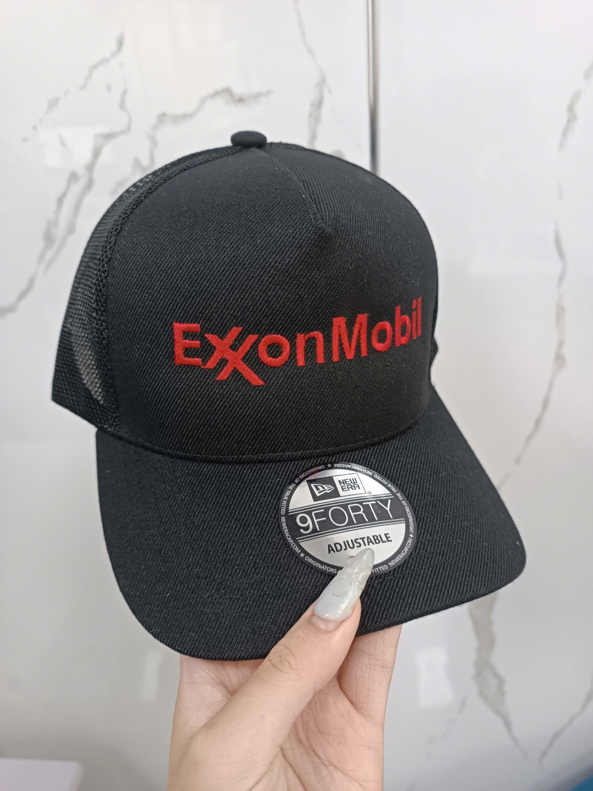 Exxon Mobil Gas Oil Logo Hat Trucker Cap Black Mesh Adjustable NWT