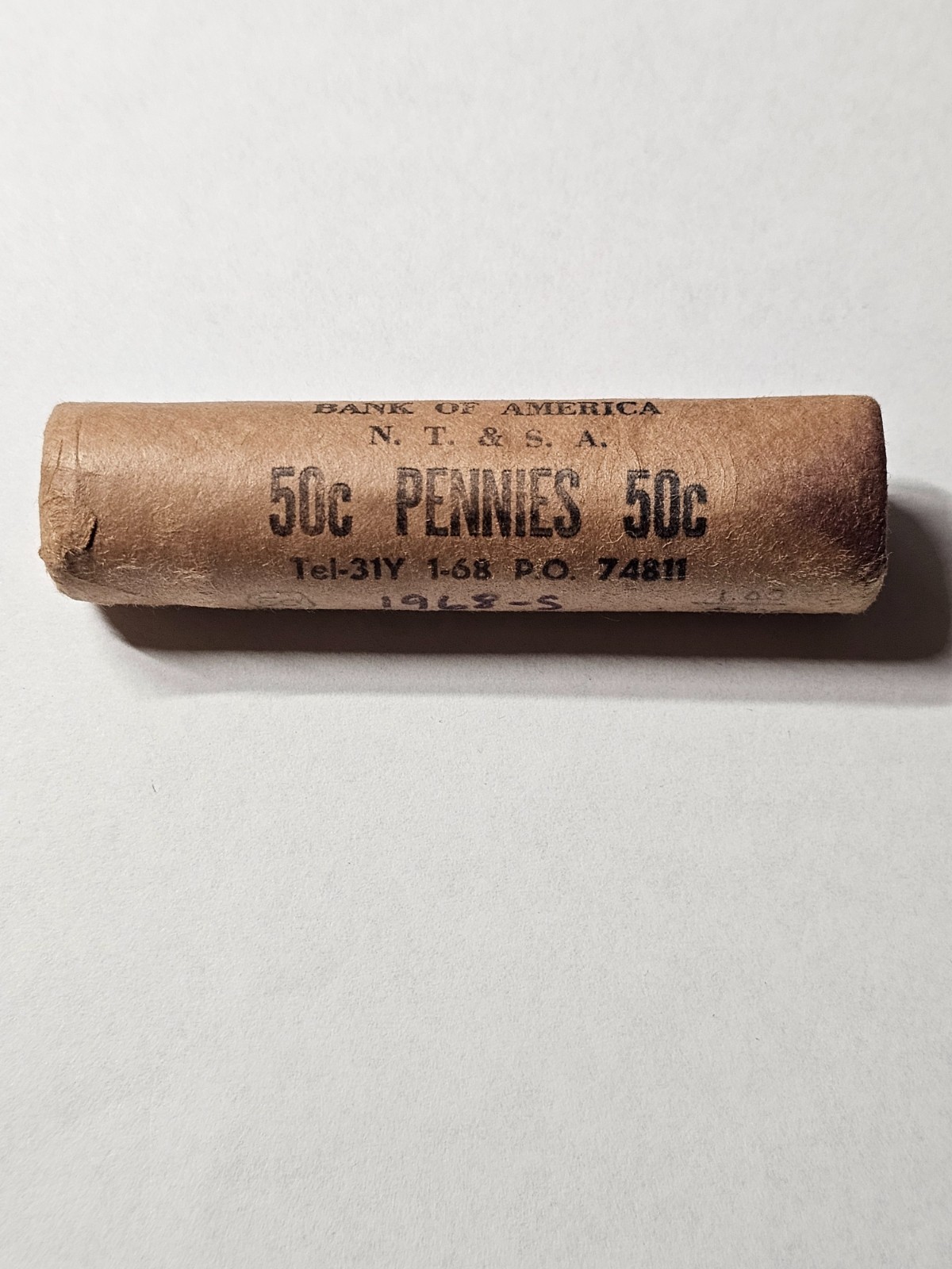 1968-S OBW 1 Cent UNC Roll Bank of America 1968-S OBW 1 Cent UNC Roll Bank of America