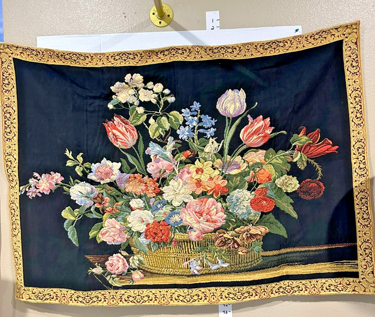 Stunning French Vintage Wool Floral Jacquar Tapestry with Flowers Stunning French Vintage Wool Floral Jacquar Tapestry with Flowers
