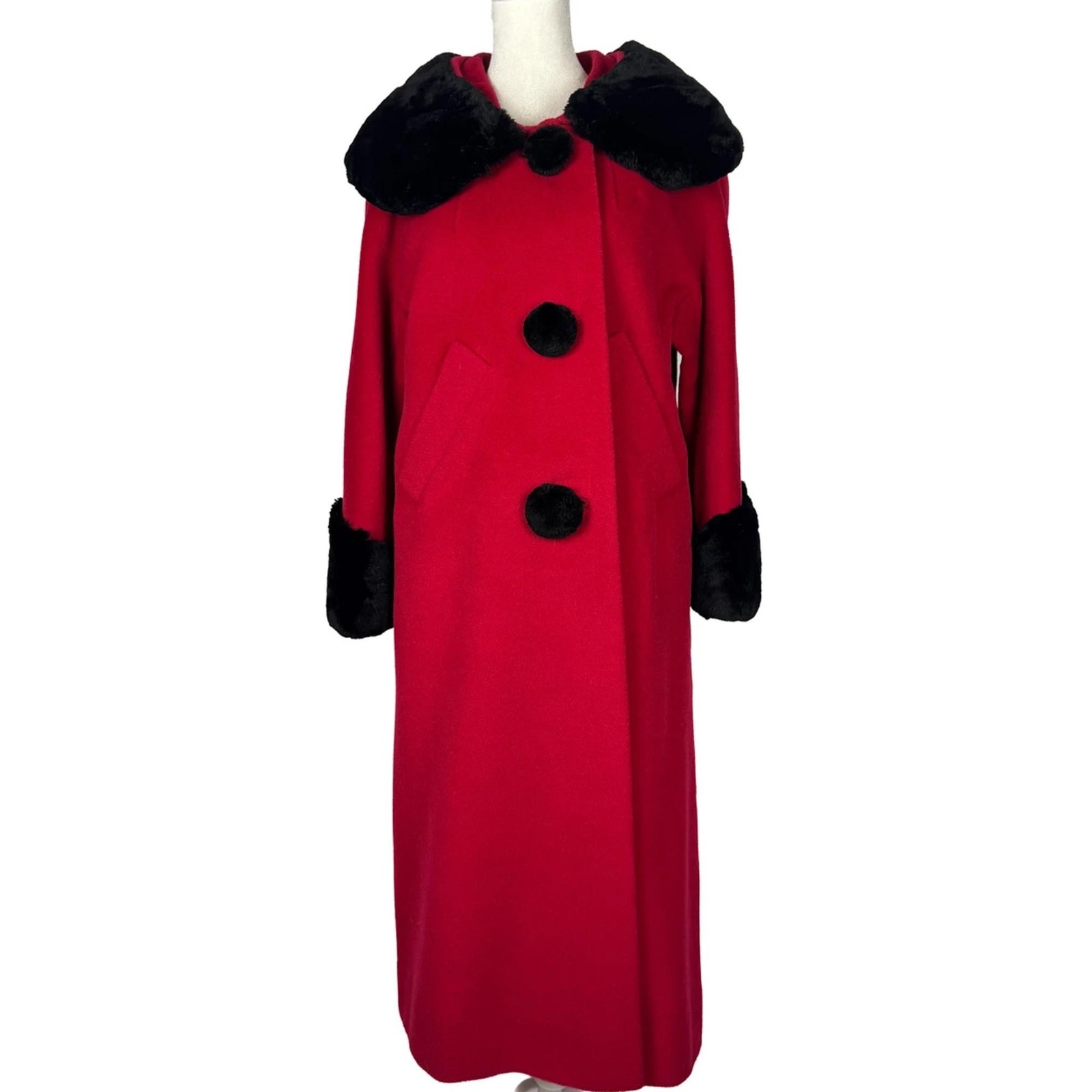 1950s - 1960s Red Wool Chinchilla Fur Trim Duster Coat