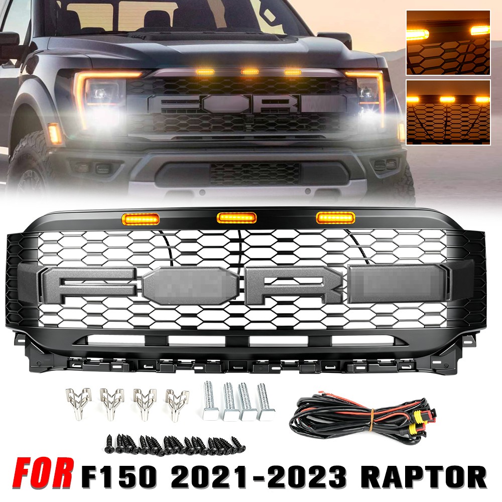 For Ford F150 2021 2022 2023 Front Grille Raptor Style Grill W/Letters & Lights