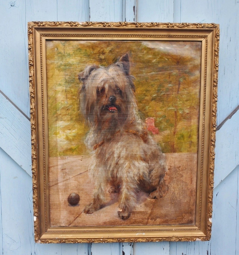 * oil painting DOG portrait shaggy haired Cairn terrier Victorian c.1900 antiq