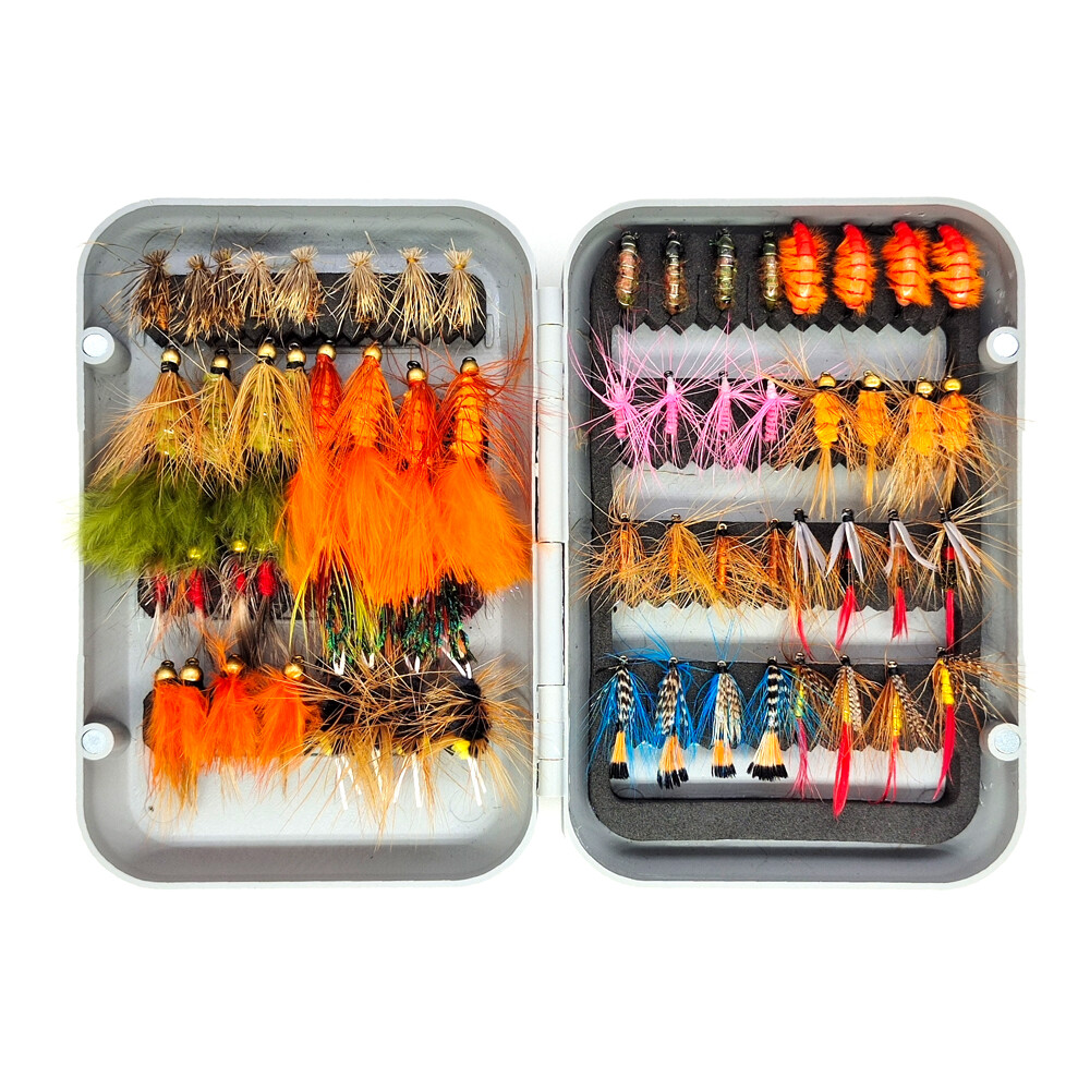 Fly Fishing Flies Kit Assortment Trout Bass with Fly Box Dry/Wet Flies 64pcs