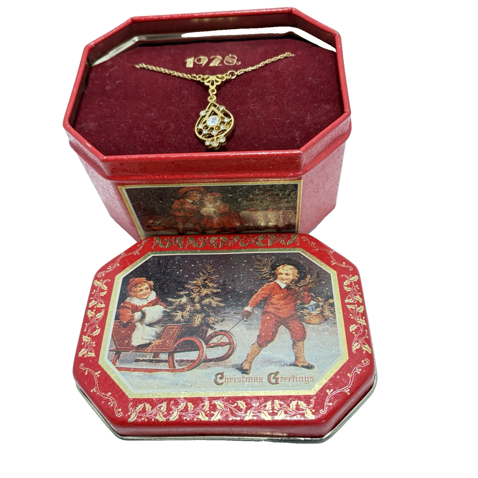 New VTG Christmas Tin 1928 Jewelry Co. Gold Tone Necklace Victorian Style New VTG Christmas Tin 1928 Jewelry Co. Gold Tone Necklace Victorian Style
