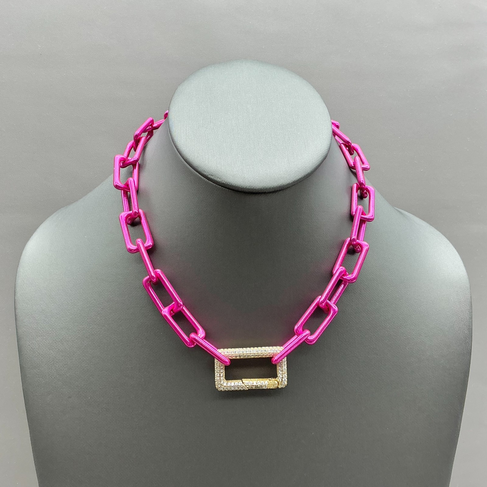 Melania Clara Pink Paperclip Chain Pave Crystal Link Statement Necklace 16 In Melania Clara Pink Paperclip Chain Pave Crystal Link Statement Necklace 16 In