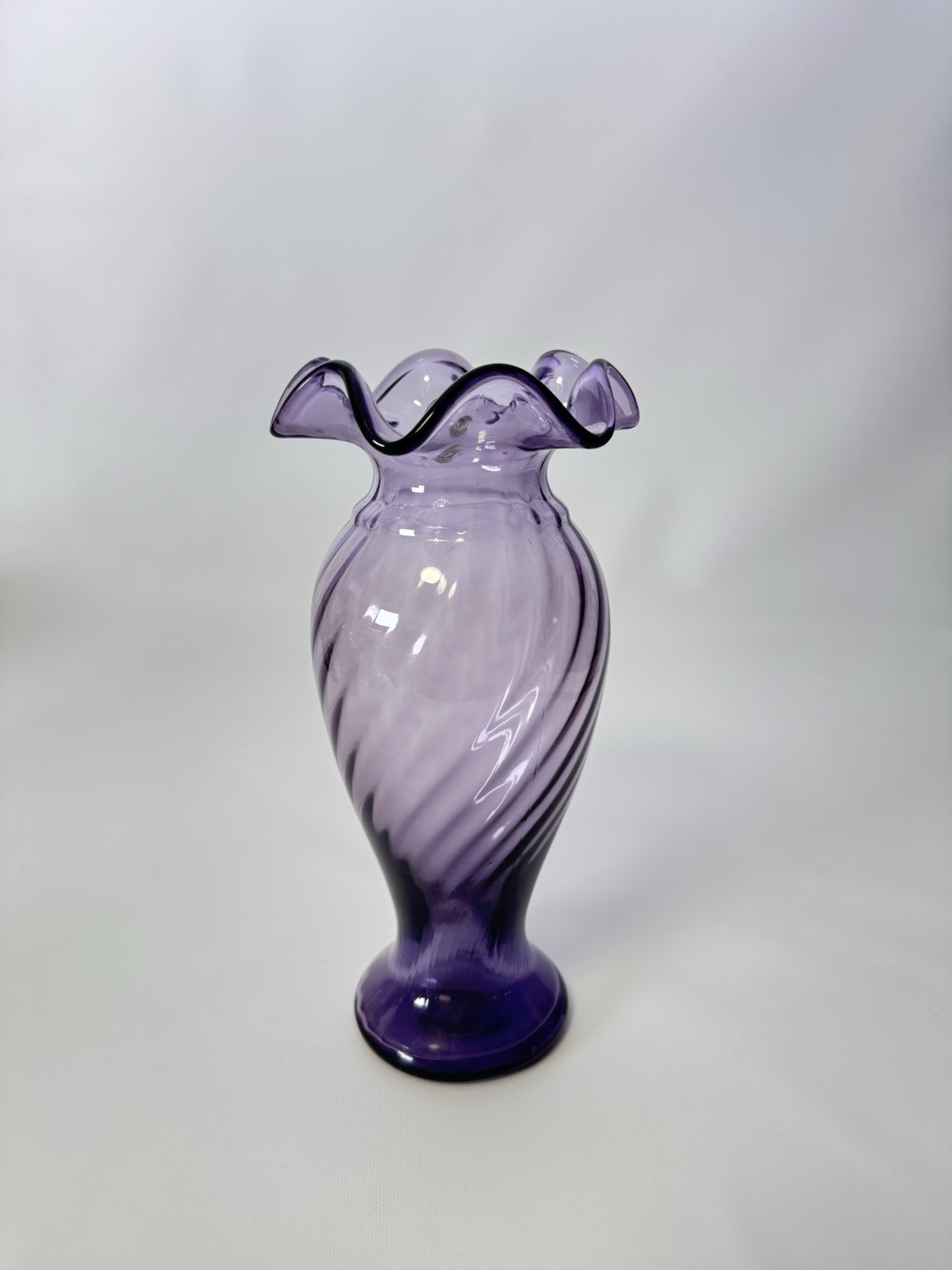 Vintage Fenton Violet Amethyst Swirl Optic Vase Double Crimped Ruffled 9.75