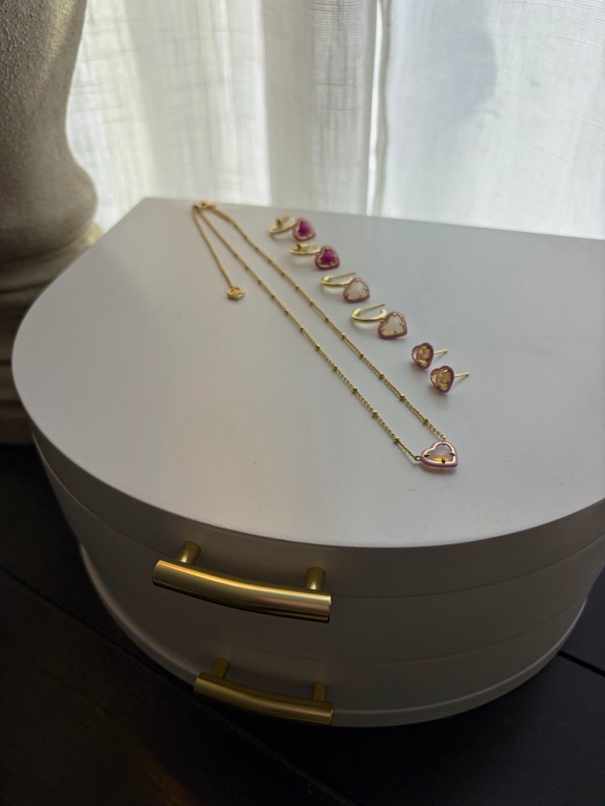 Kendra Scott Yellow Gold Plated Pink Enamel Heart Necklace & Earrings Set Signed Kendra Scott Yellow Gold Plated Pink Enamel Heart Necklace & Earrings Set Signed