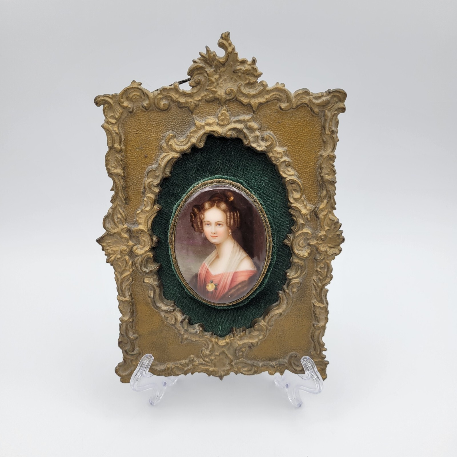 Antique Hand painted Porcelain Portrait Bronze Frame Wall Décor 