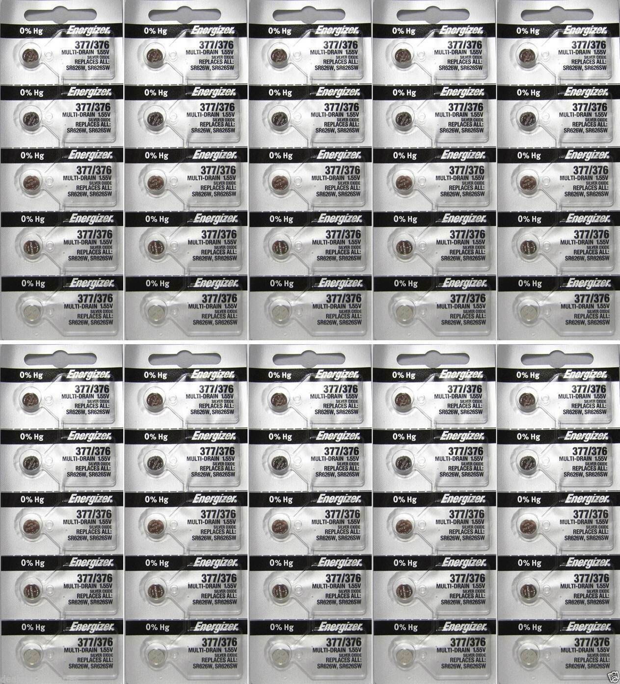 50 Energizer 377/376 SR626W Silver Oxide Coin Cell Batteries 1.55V