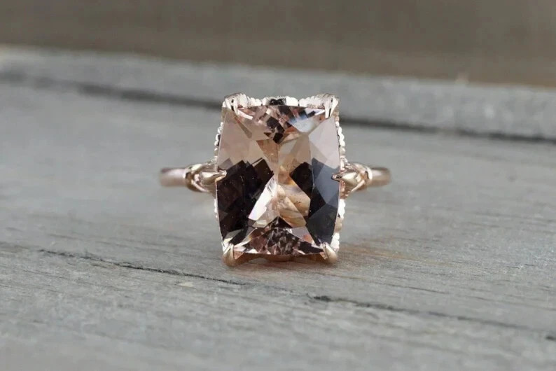 2.58Ct Cushion Cut Natural Morganite Diamond Wedding Ring 14K Rose Gold Size 6 7