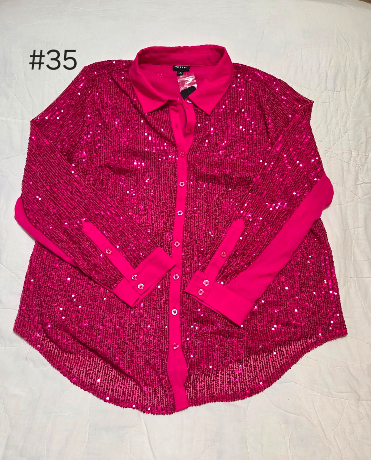 Torrid Women\'s Pink Solid Sequin Button-Up Collared Long Sleeve Blouse 1 Plus
