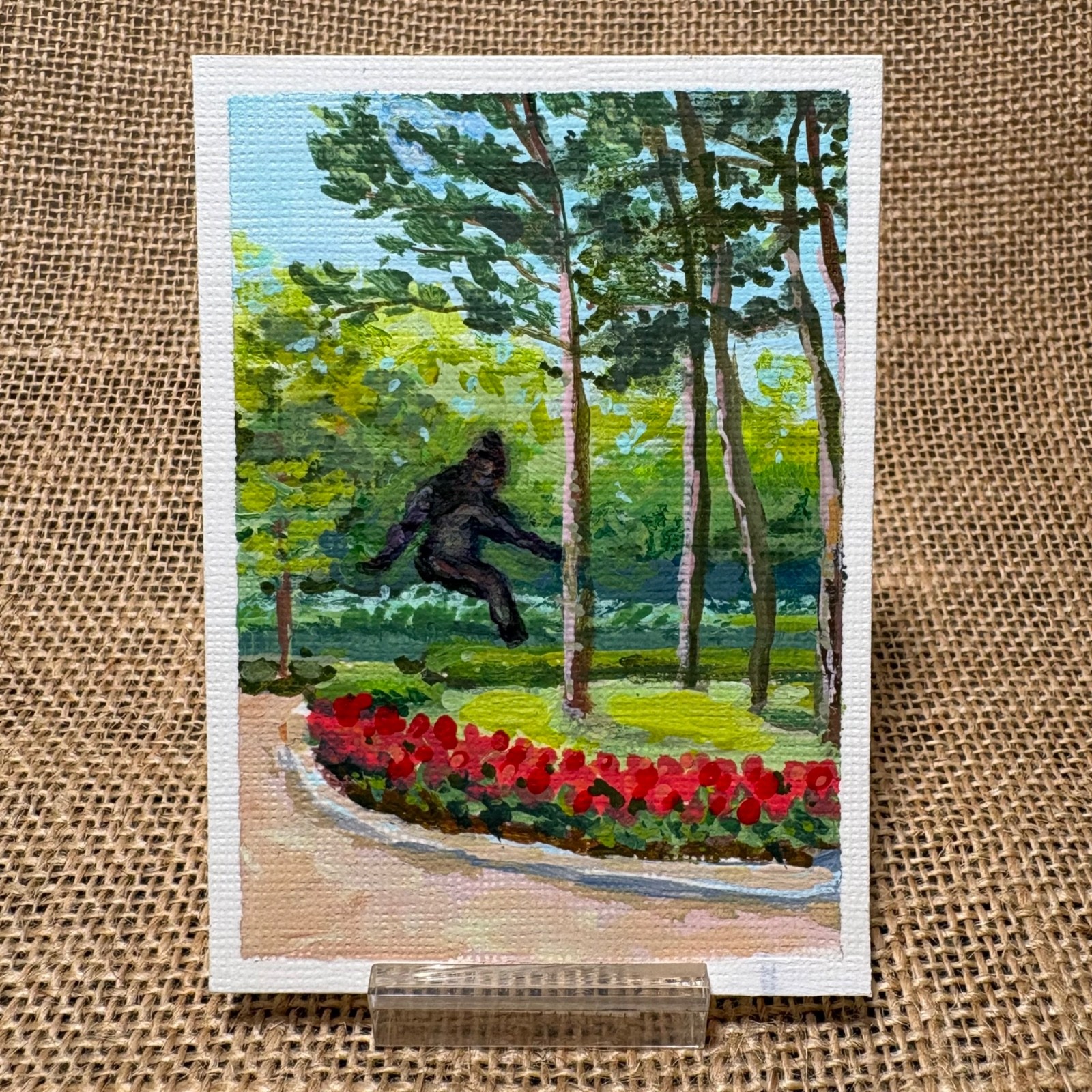 ACEO Original, Bigfoot, Sasquatch, Date In The Park, Landscape, Painting, Art