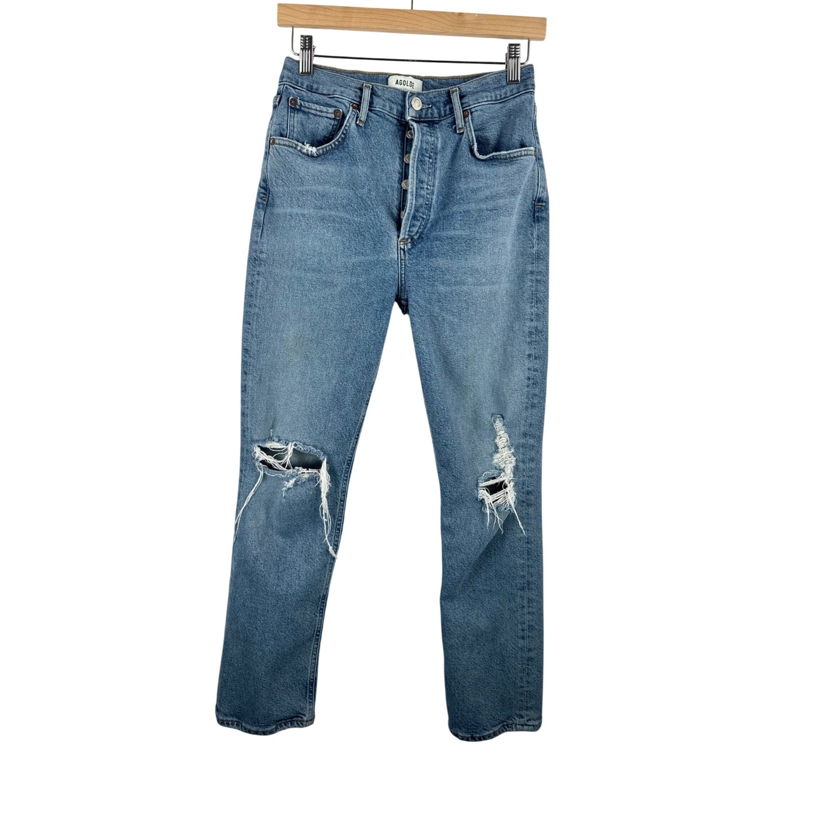 AGOLDE Riley Jeans 27 Blue High Rise Distressed Straight Leg boho
