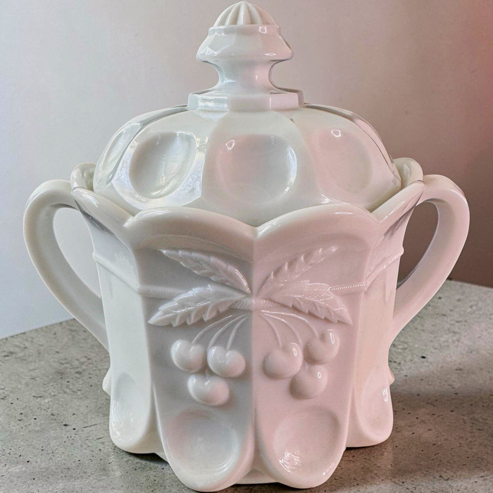 Vtg Westmoreland White Milk Glass Cherry and Cable Cookie Biscuit Jar Lid Signed