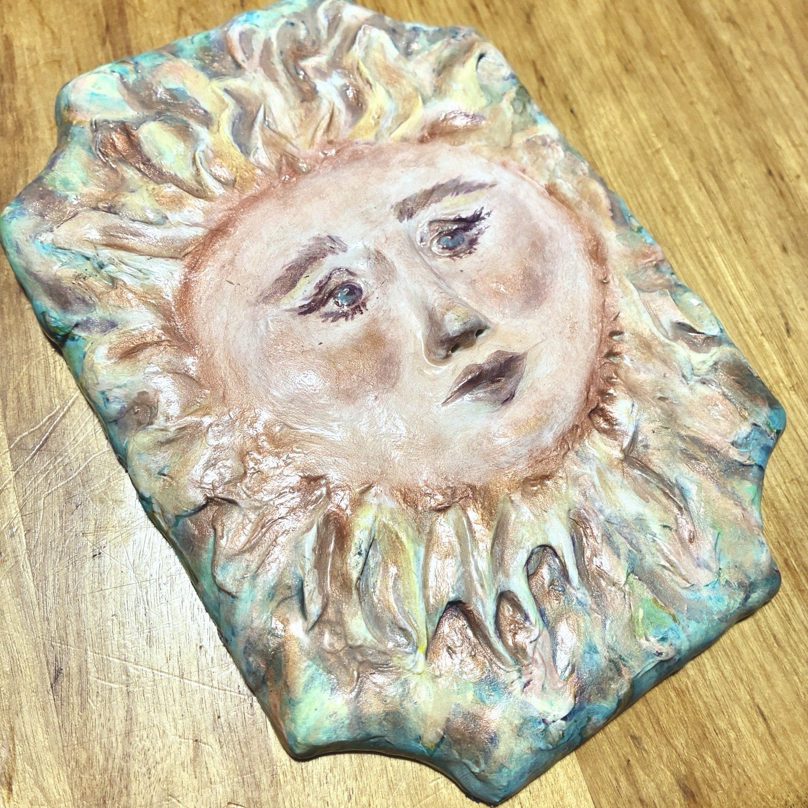 Whimsigoth Celestial Sun Face Painted Plaque Handmade Foam Clay Relief QWN Brynn