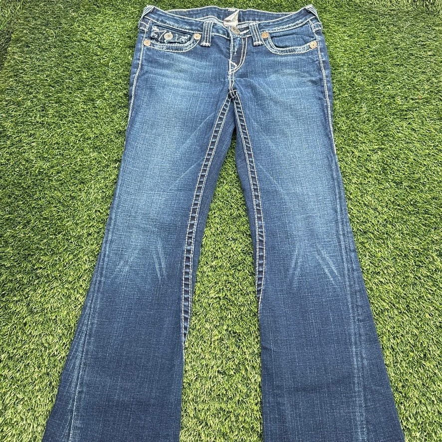 True Religion Flare Jeans Women\'s 29 Blue Denim Low Rise Thick Stitch USA