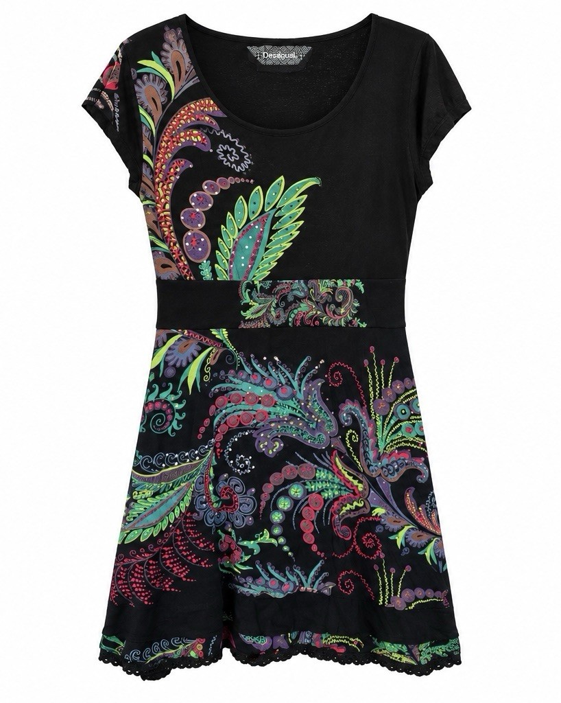 Desigual Women\'s A-Line Dress XL Black Multicolor Paisley Lace Short Sleeve Desigual Women\'s A-Line Dress XL Black Multicolor Paisley Lace Short Sleeve