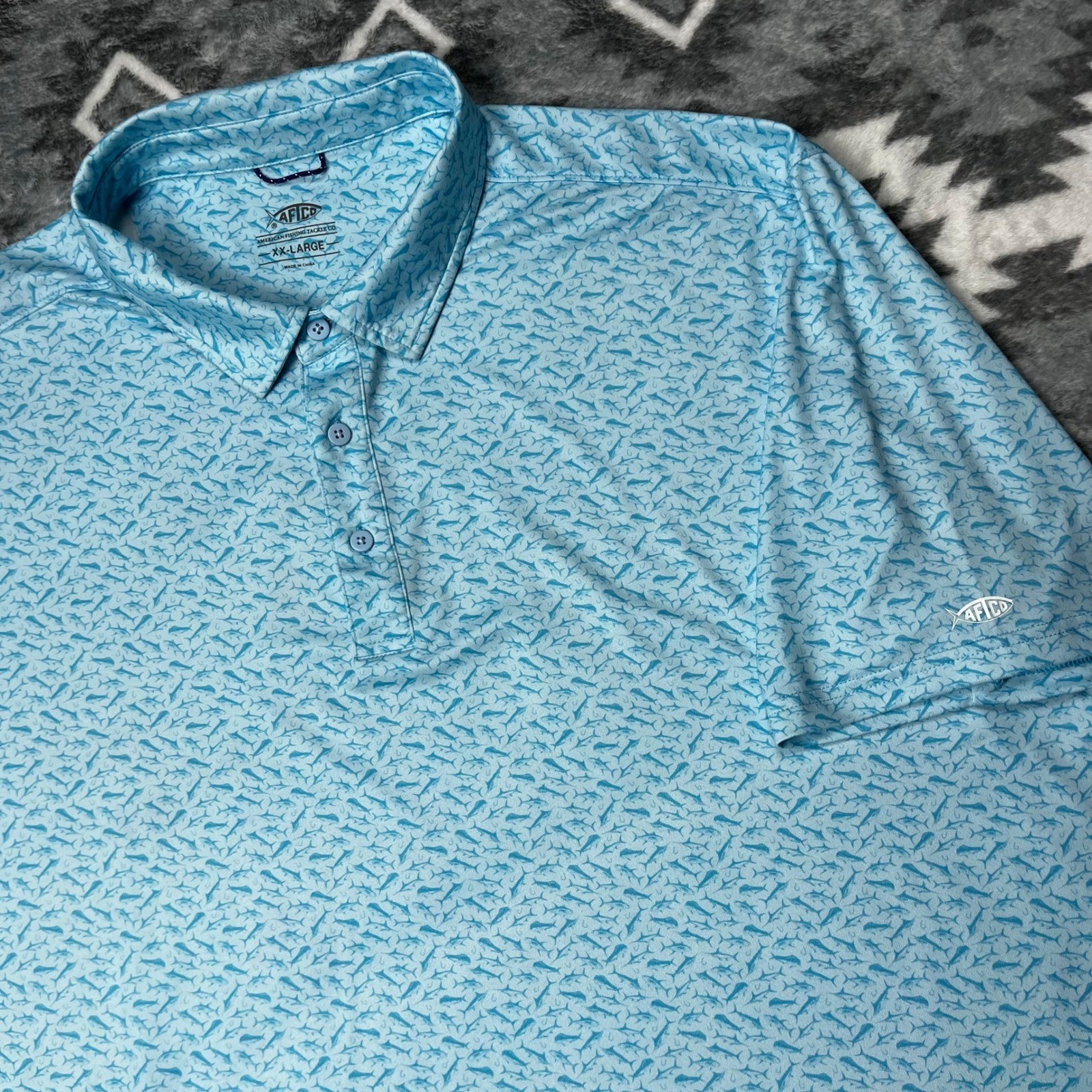 AFTCO Mens Blue Fish Print Performance Polo Shirt Short Sleeve XXL AFTCO Mens Blue Fish Print Performance Polo Shirt Short Sleeve XXL