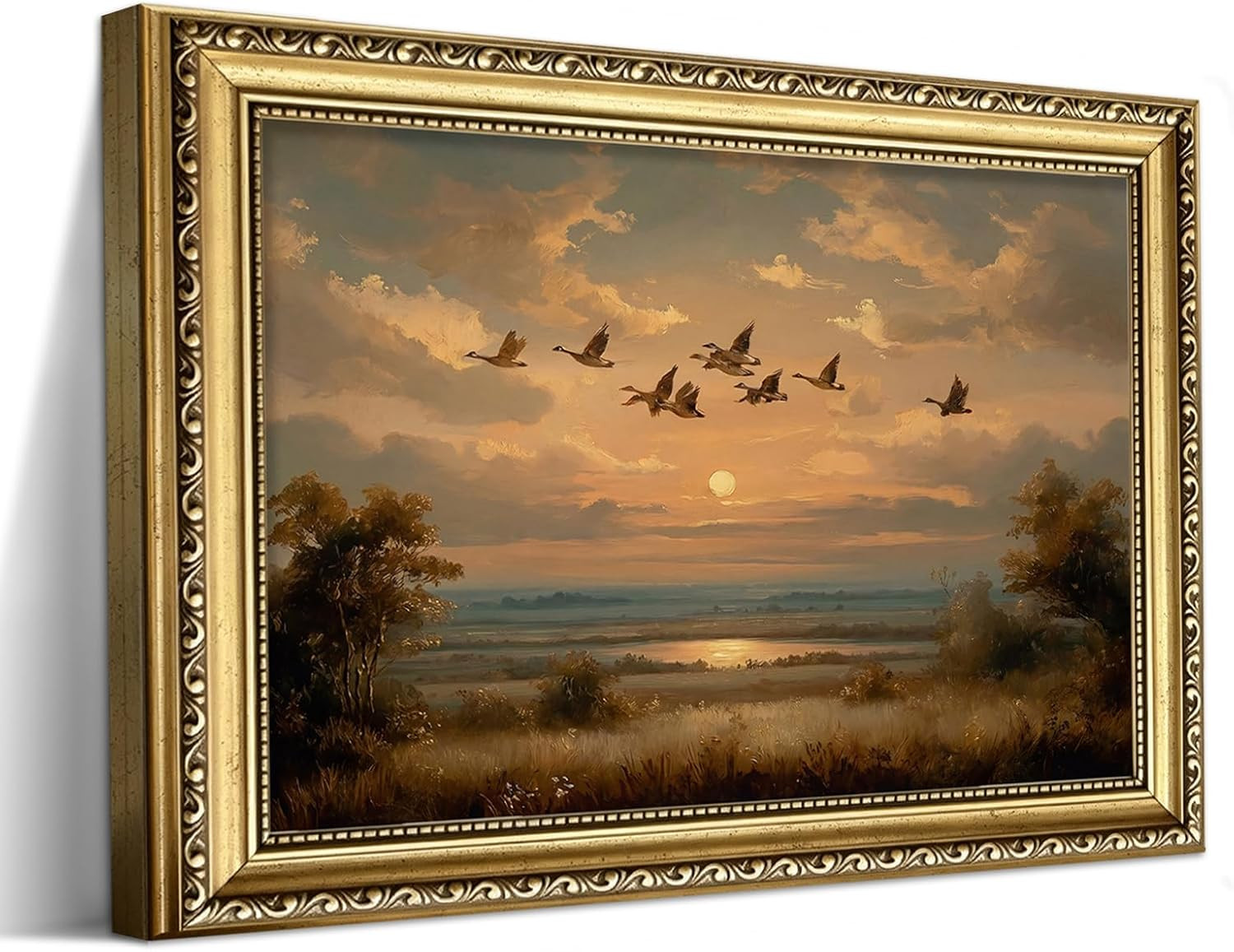 Vintage Gold Framed Wall Art, Classic Sunset Oil Painting Wall Decor, Rustic Fly