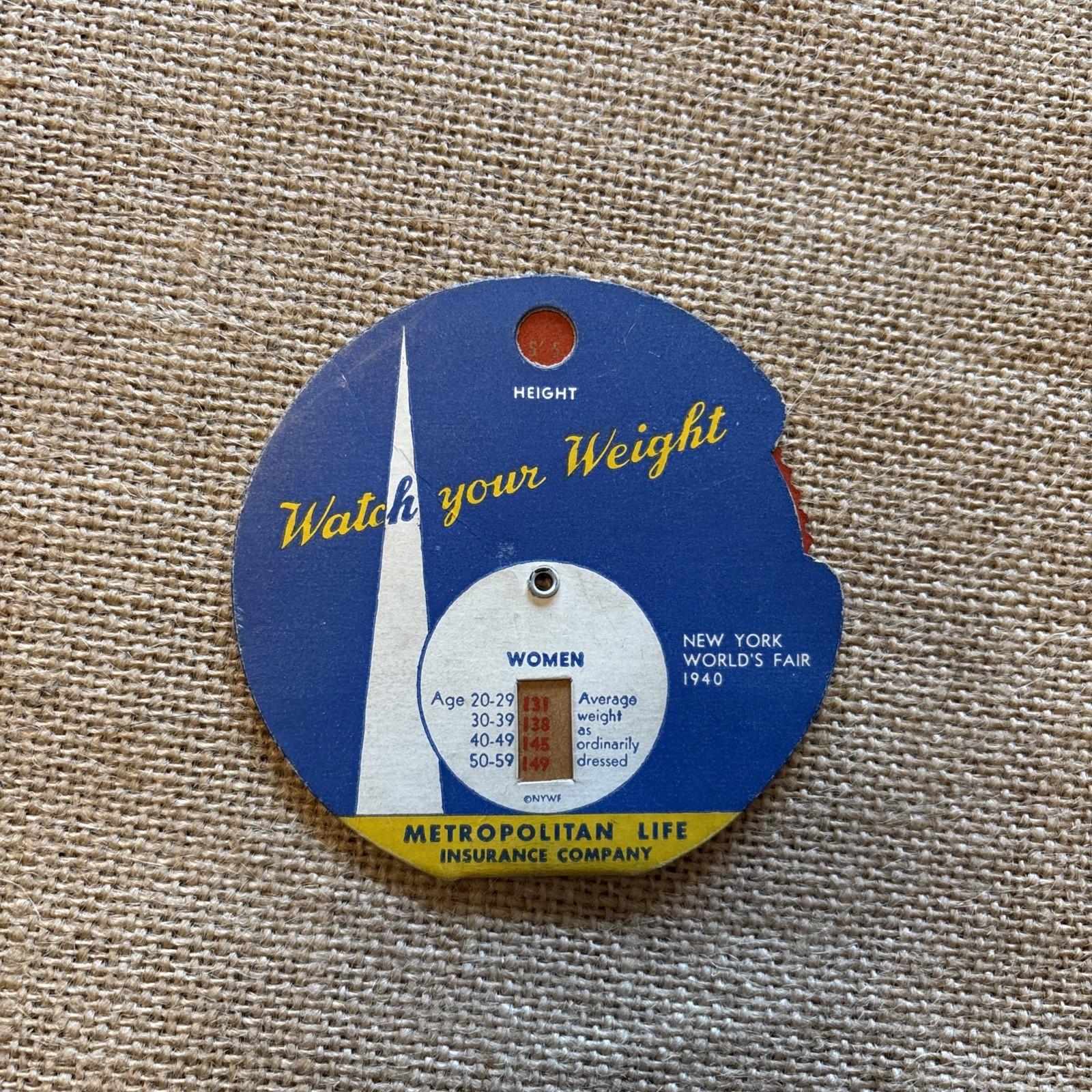 Vtg 1939/40 New York World’s Fair Watch Your Weight Tracker Metropolitan Life Vtg 1939/40 New York World’s Fair Watch Your Weight Tracker Metropolitan Life