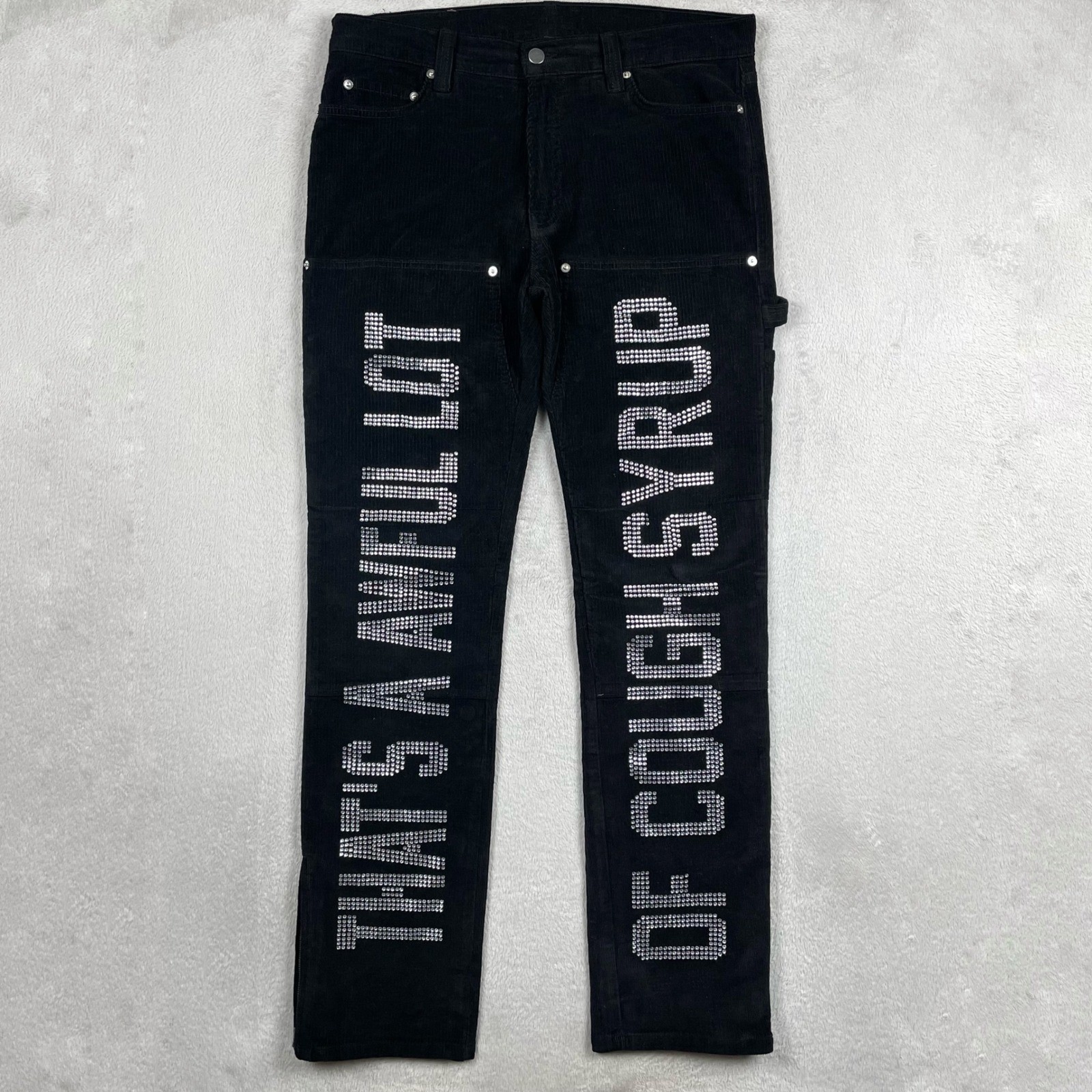 That\'s A Awful Lot Of Cough Syrup Pants Mens 34 Black Corduroy Rhinestone
