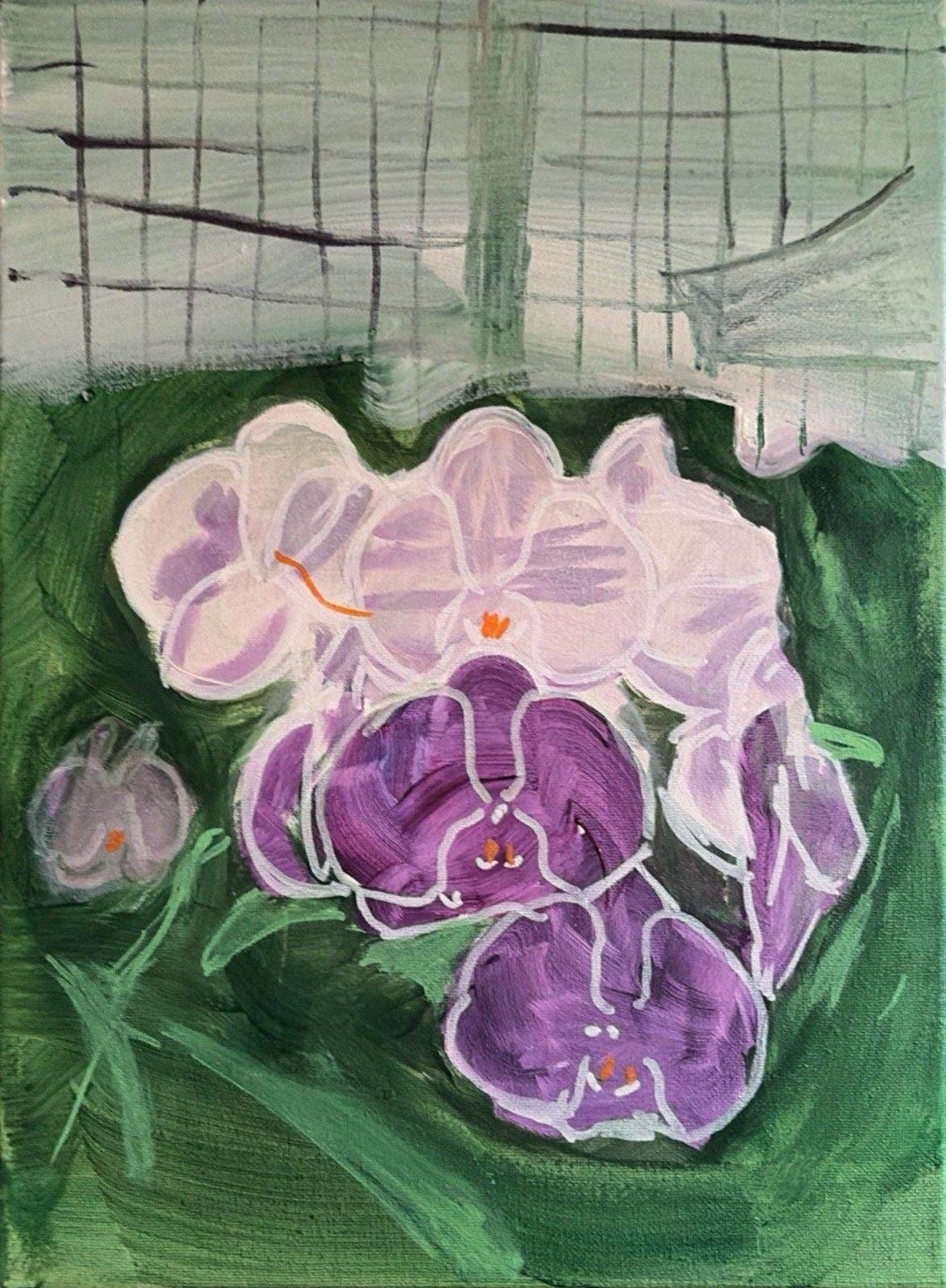 Original Purple Orchid Greenhouse Floral Abstract Acrylic Painting on Canvas