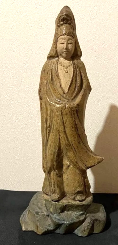 Japanese Vintage Pottery Kannon Bodhisattva Statue H31cm Buddhist Art Ornament