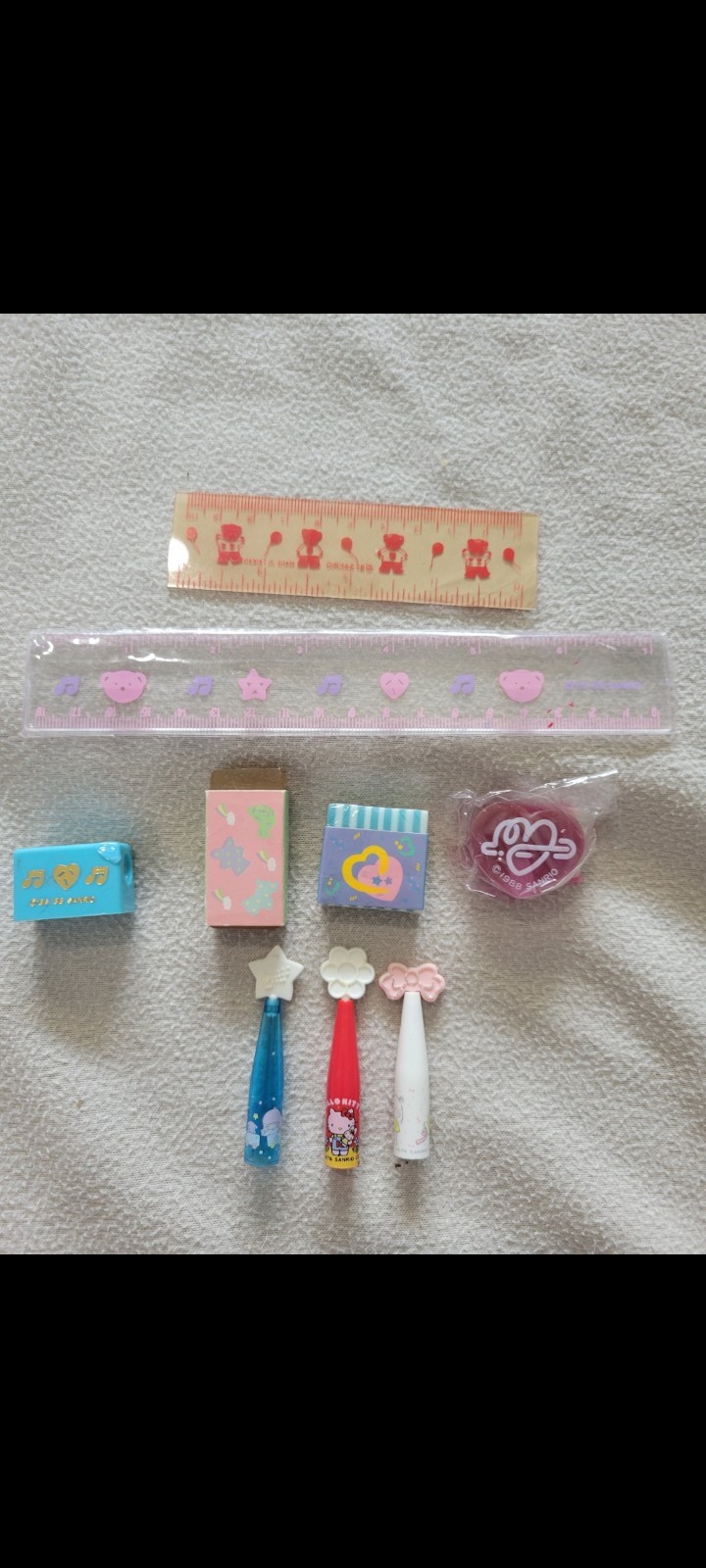 Sanrio ©1988 Stationery Lot Rulers, Erasers & 3 Character Pencil Toppers Sanrio ©1988 Stationery Lot Rulers, Erasers & 3 Character Pencil Toppers