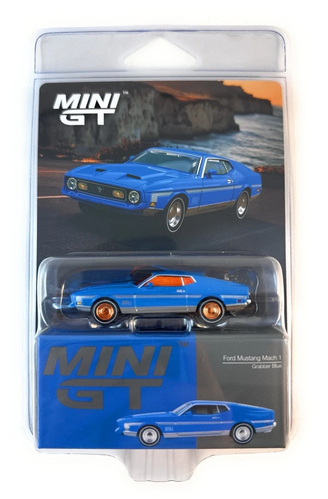 chase Mini GT 1:64 Ford Mustang Mach 1 Grabber Blue Diecast Model Car MGT01138