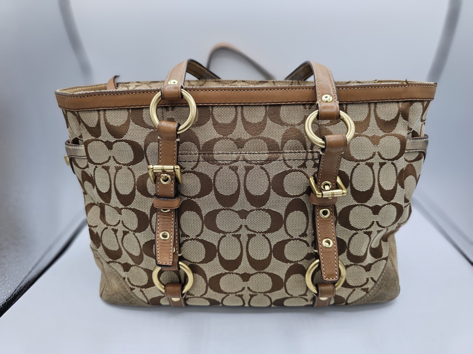 Vtg Coach Gallery Bag #10384 Y2K Beige C Logo Brn Leather Trim