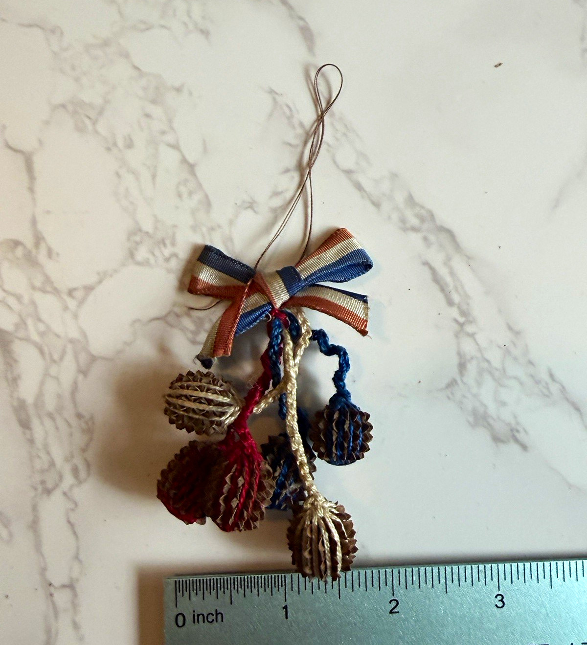 Rare Antique German Biedermeier Silk Ribbon & Passementerie Pom-Pom Holiday Orna