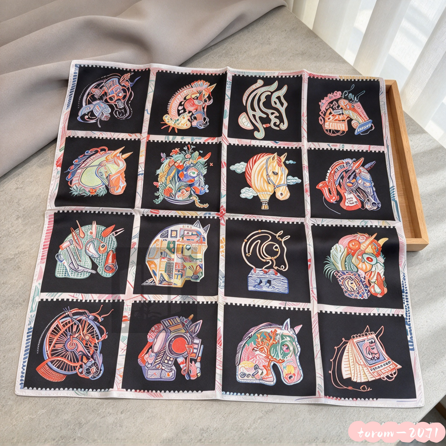 Hermès Black horse print pattern neck Square silk scarf 35*35in