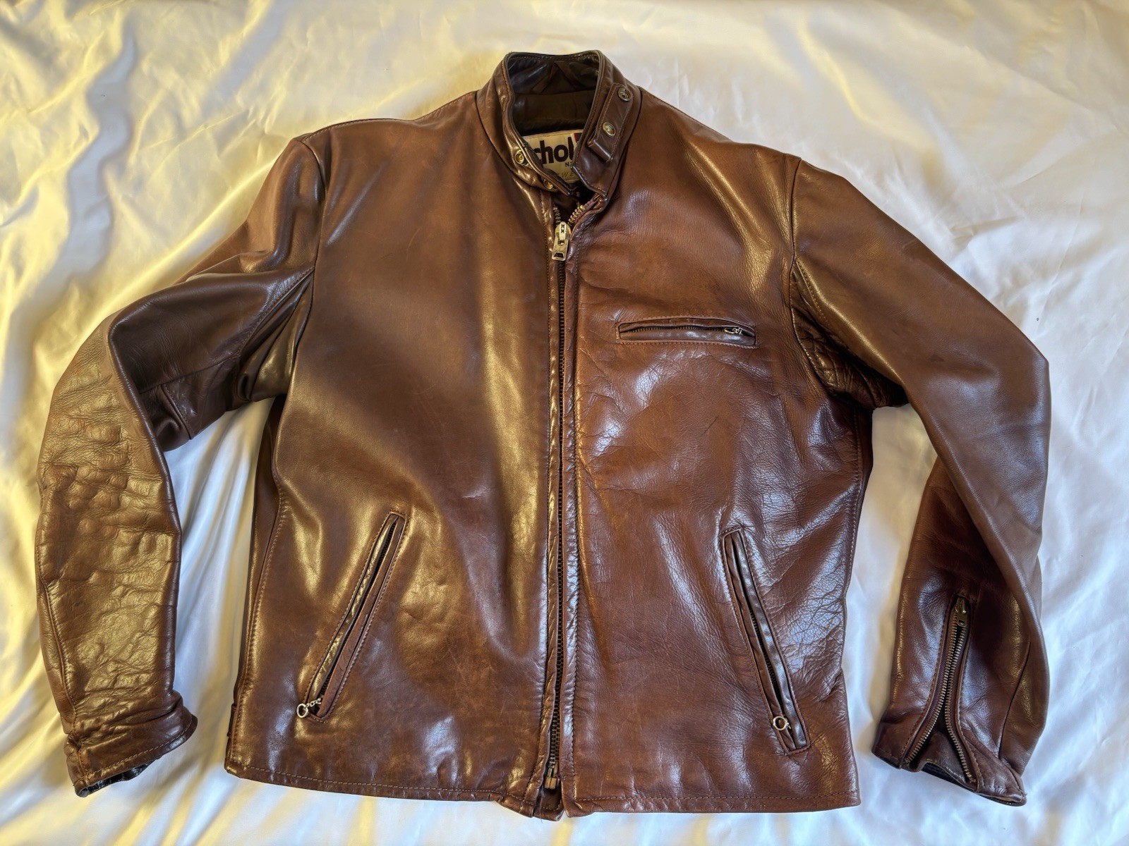 Vintage Schott NY SZ 42 Brown Leather Cafe Racer Lined Motorcycle Jacket USA 80s