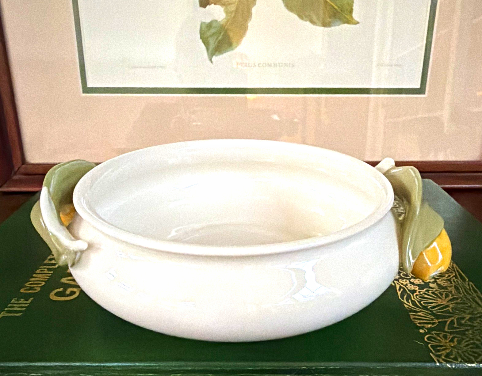 Vintage Goebel Porcelain Handled Serving Bowl White Green Yellow tulips Vintage Goebel Porcelain Handled Serving Bowl White Green Yellow tulips