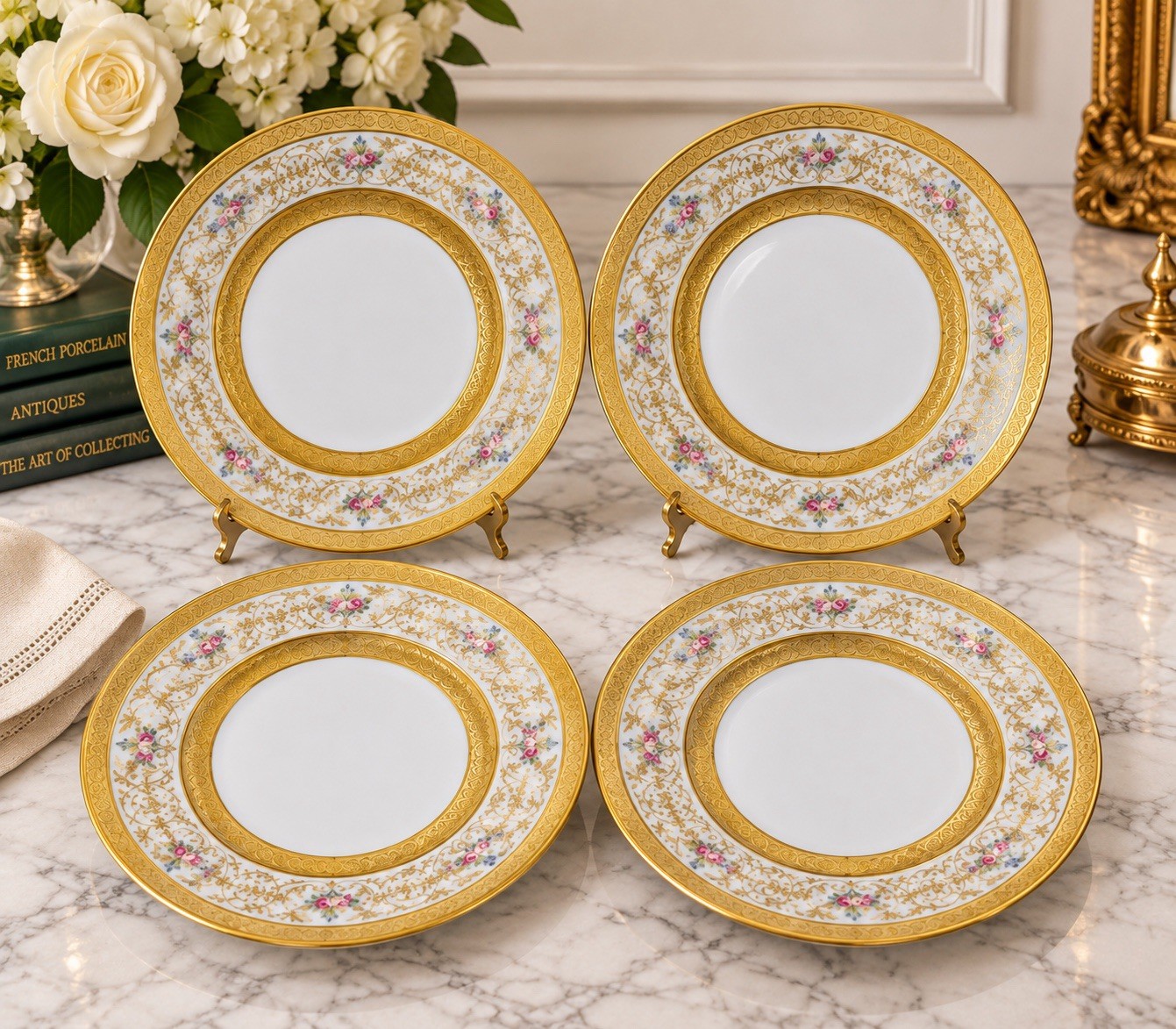 Antique Wm Guerin Limoges France 4 Salad Plates 7.5” Gold Floral Gilt